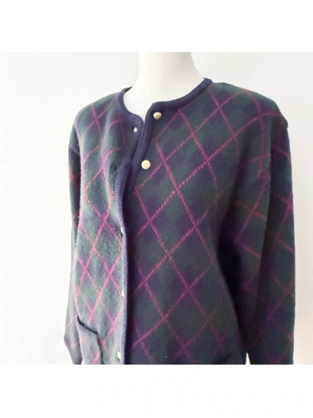 Vintage Women 90s Classic Argyle Plaid Cardigan Medium Academia Preppy Teacher